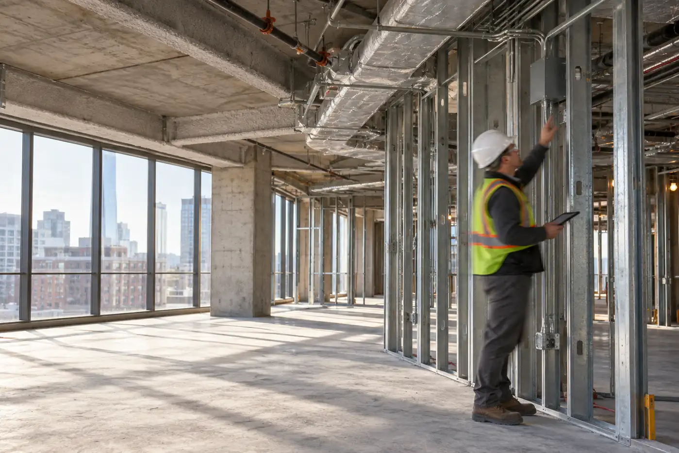 Illustrative construction interior with exposed framing and an inspector reviewing overhead building systems